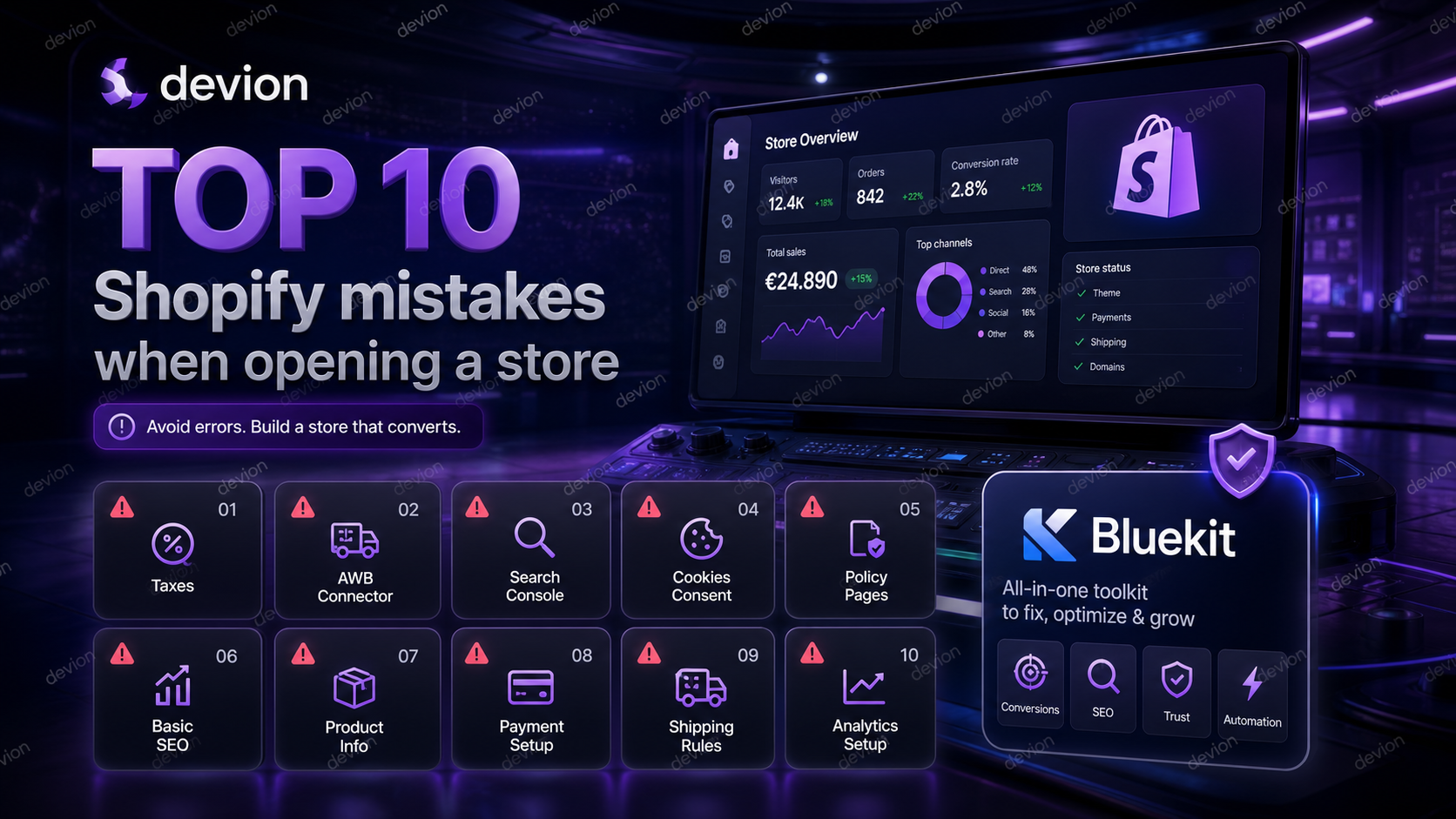 Dashboard Shopify cu avertismente pentru taxe, AWB, SEO, politici si Bluekit