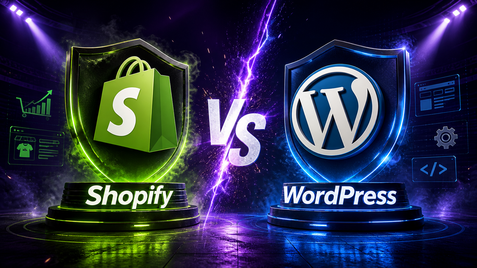 Poster Shopify vs WordPress pentru comparatie intre platforme eCommerce
